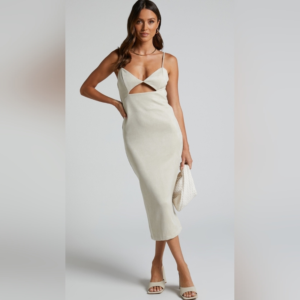Showpo Suede Spaghetti Strap Cut Out Zip Midi Dress